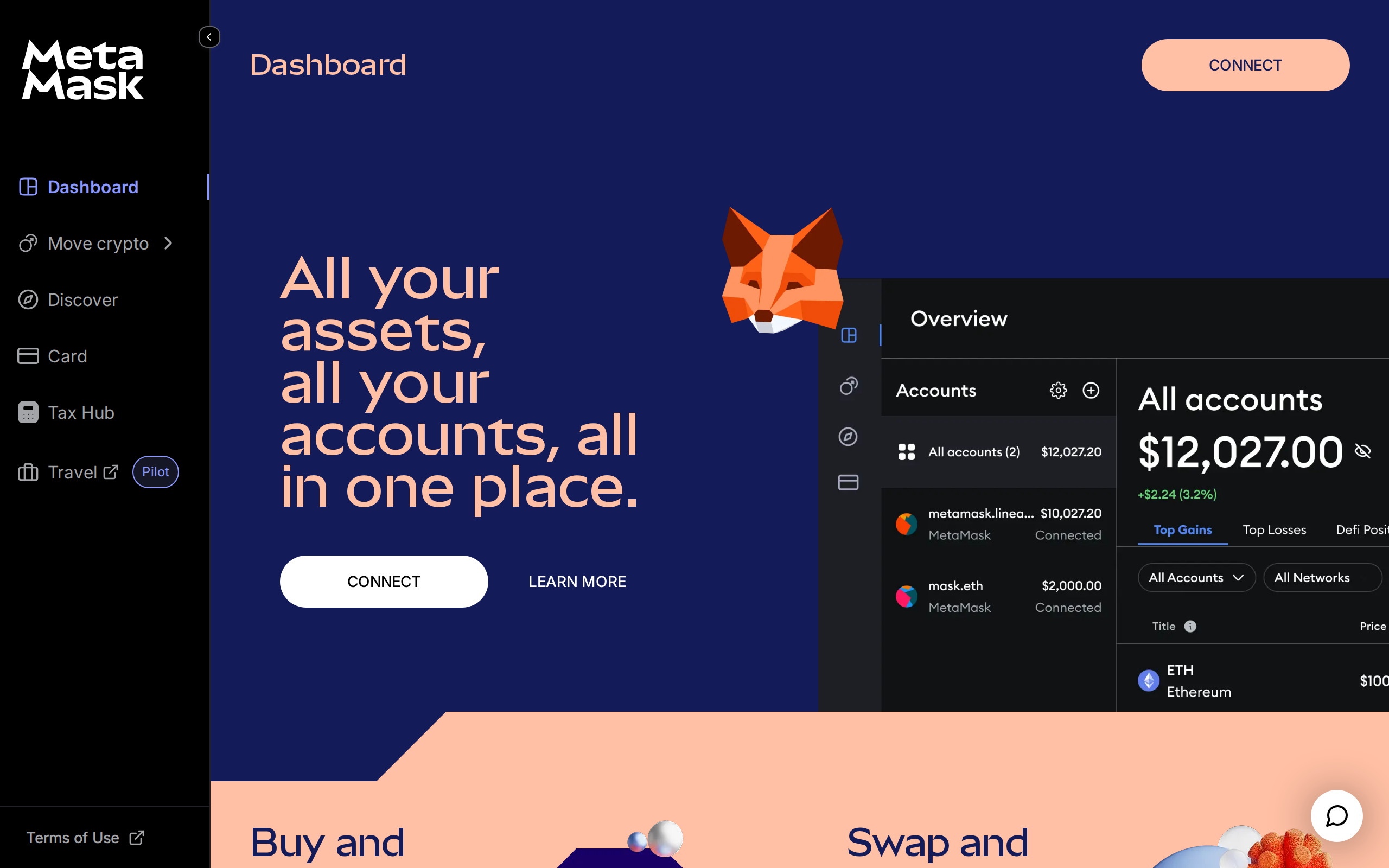 MetaMask portfolio dashboard with options to buy, sell, swap and bridge tokens