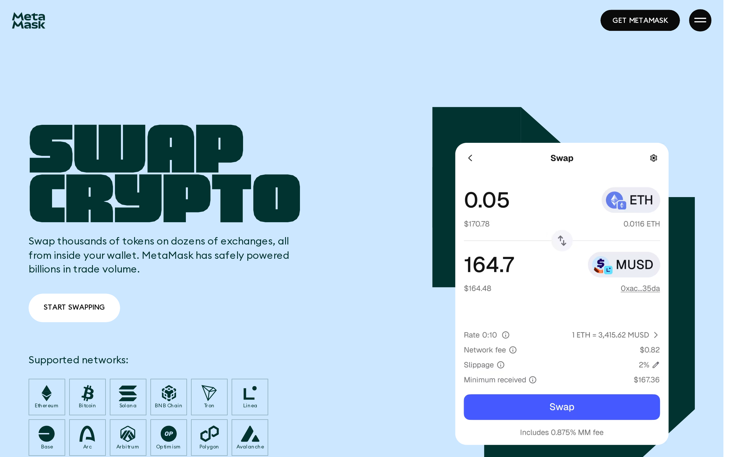 MetaMask swap page headed Swap Crypto