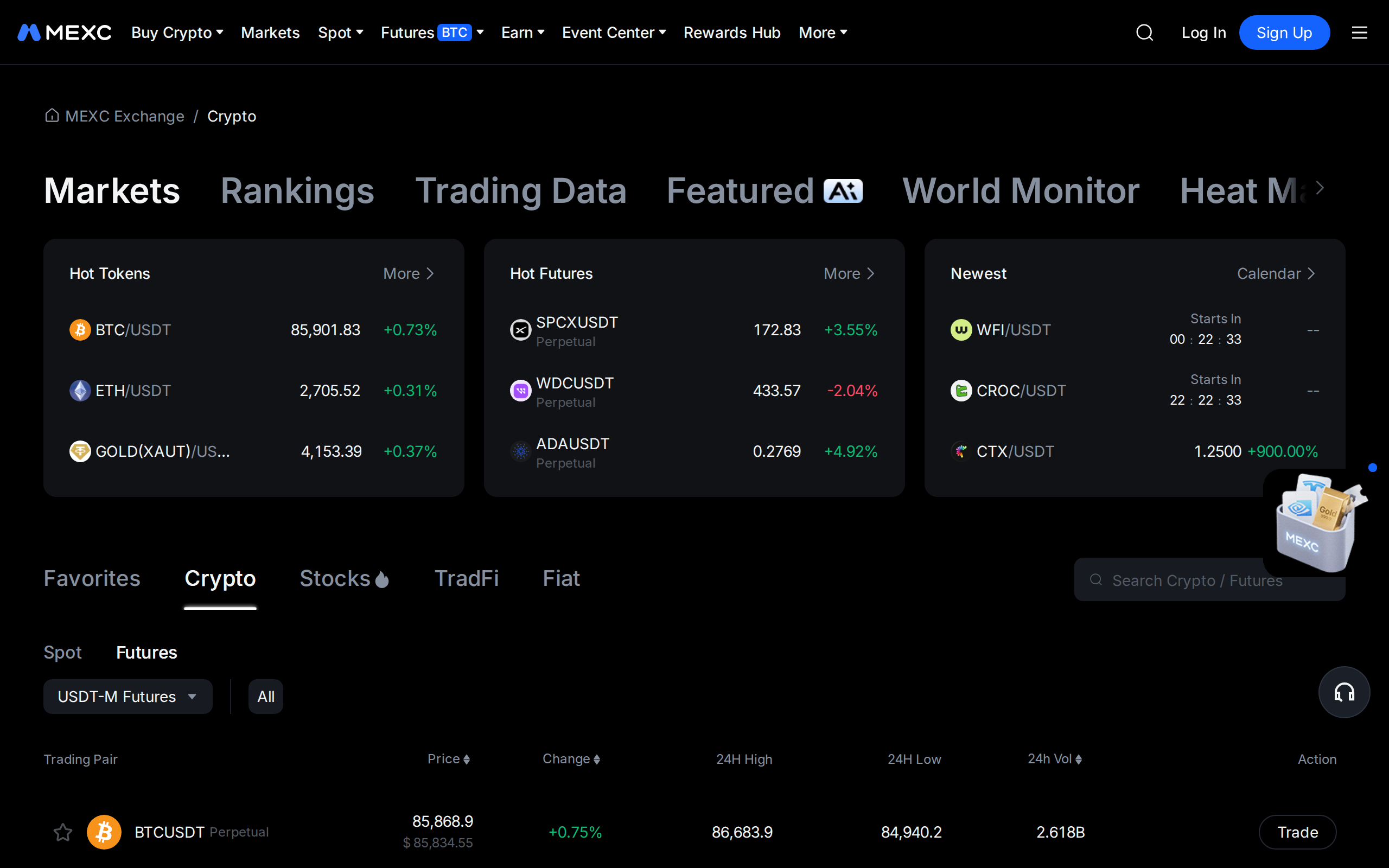 MEXC markets page showing hot tokens and BTC and ETH prices