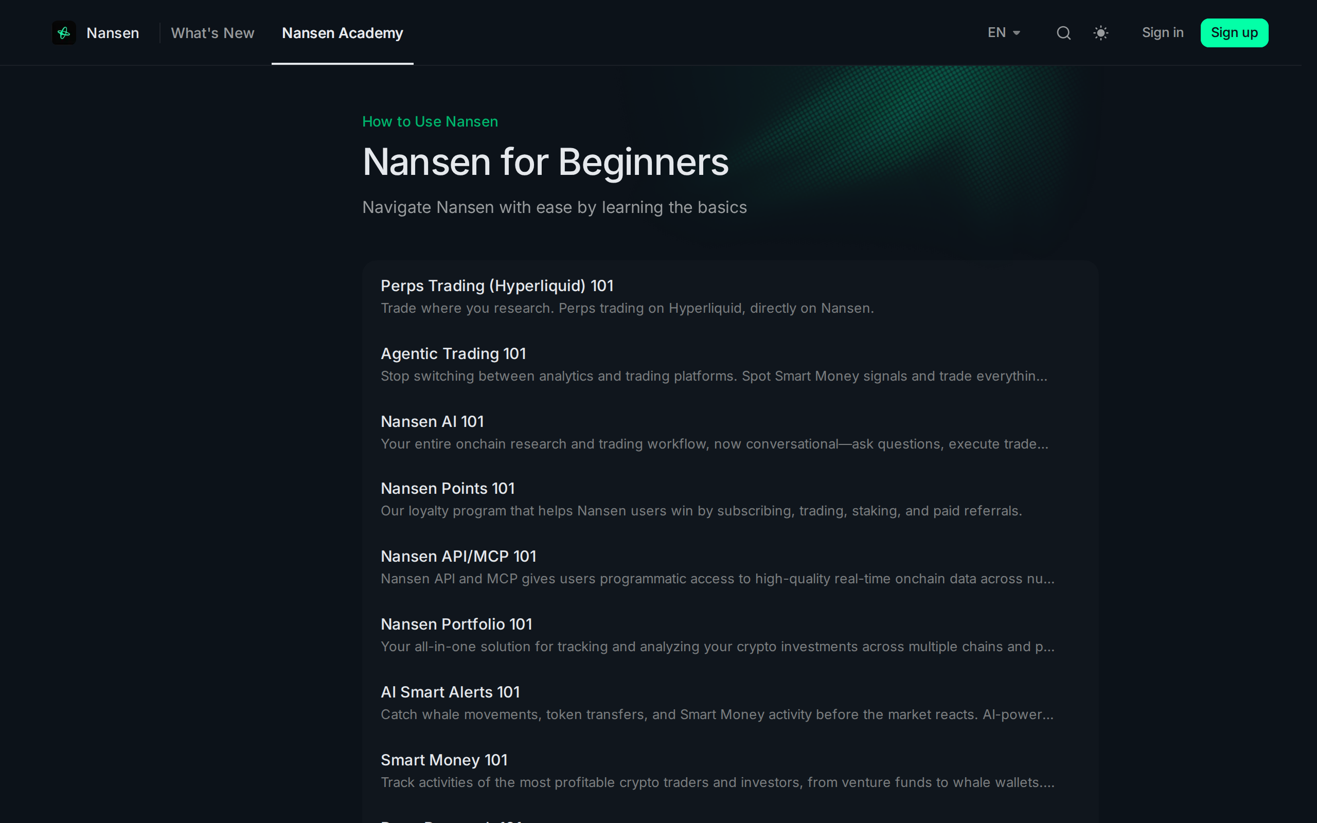 Nansen academy page headed Nansen for Beginners listing guides on perps trading and agentic trading