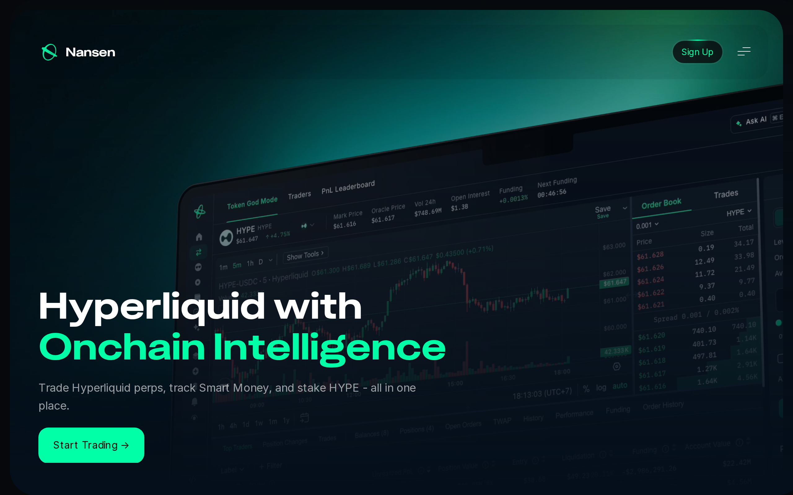 Nansen Hyperliquid page headed Hyperliquid with Onchain Intelligence with text about perps and Smart Money