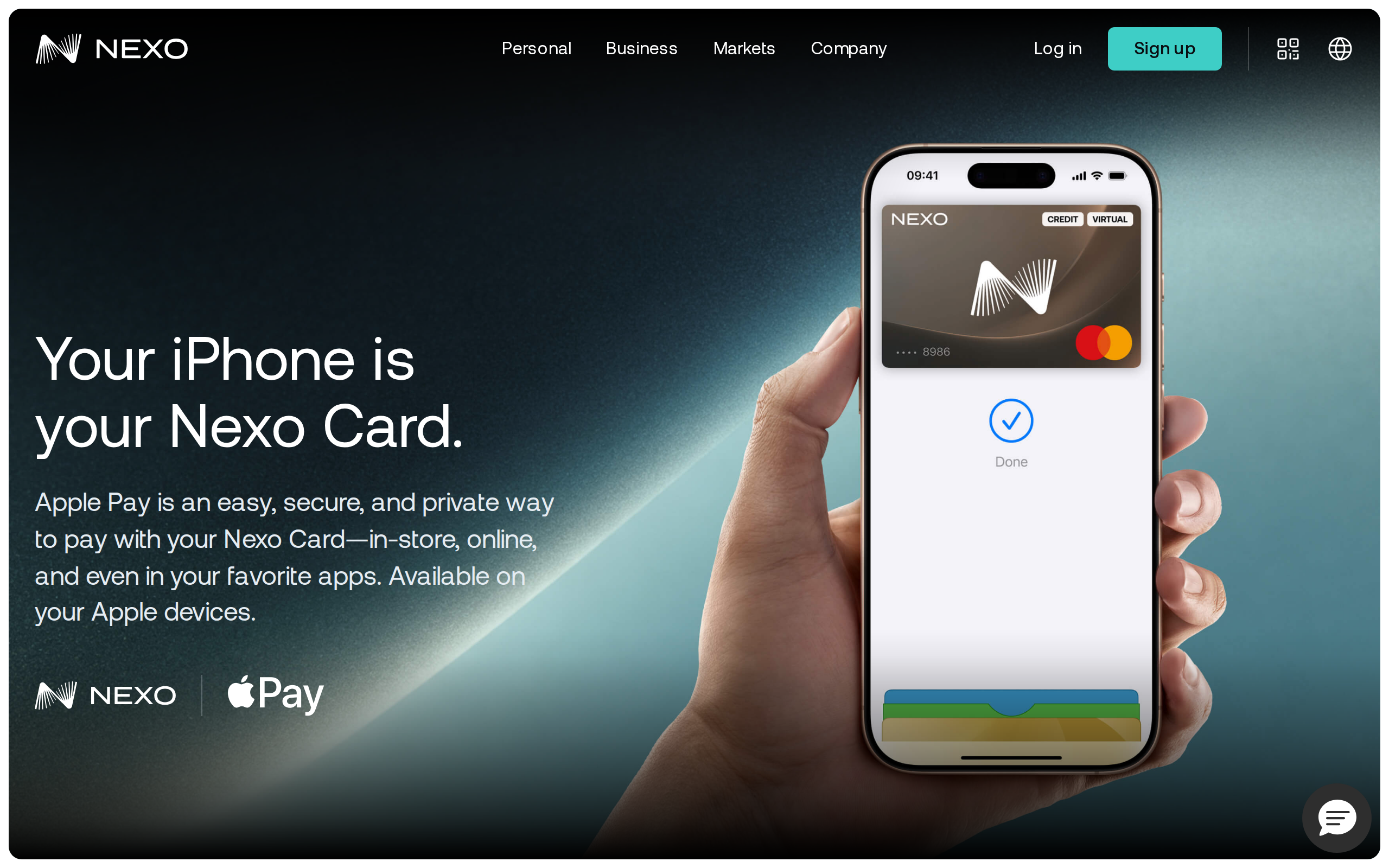 Nexo Apple Pay page with the headline Your iPhone is your Nexo Card