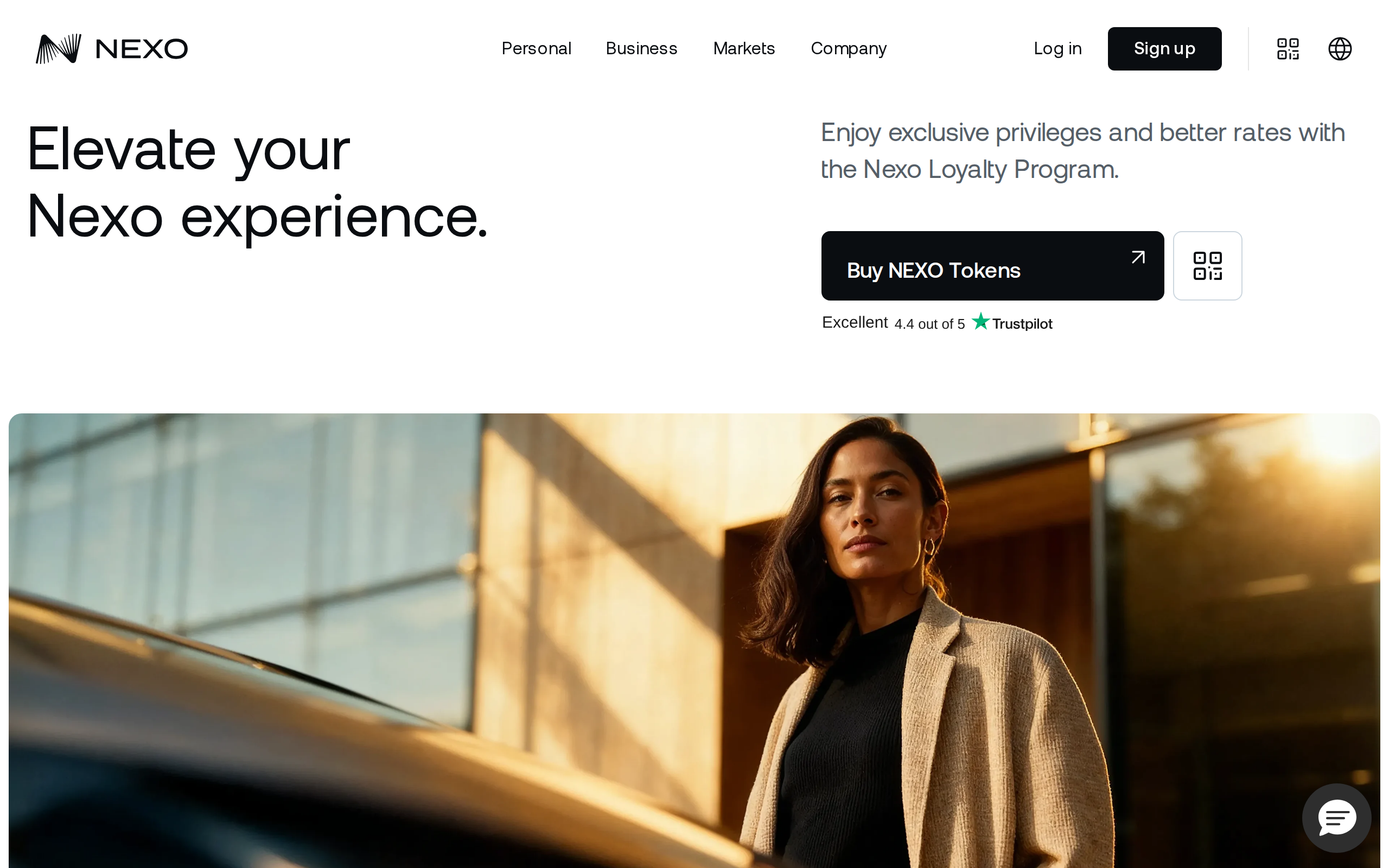 Nexo loyalty program page with the headline Elevate your Nexo experience