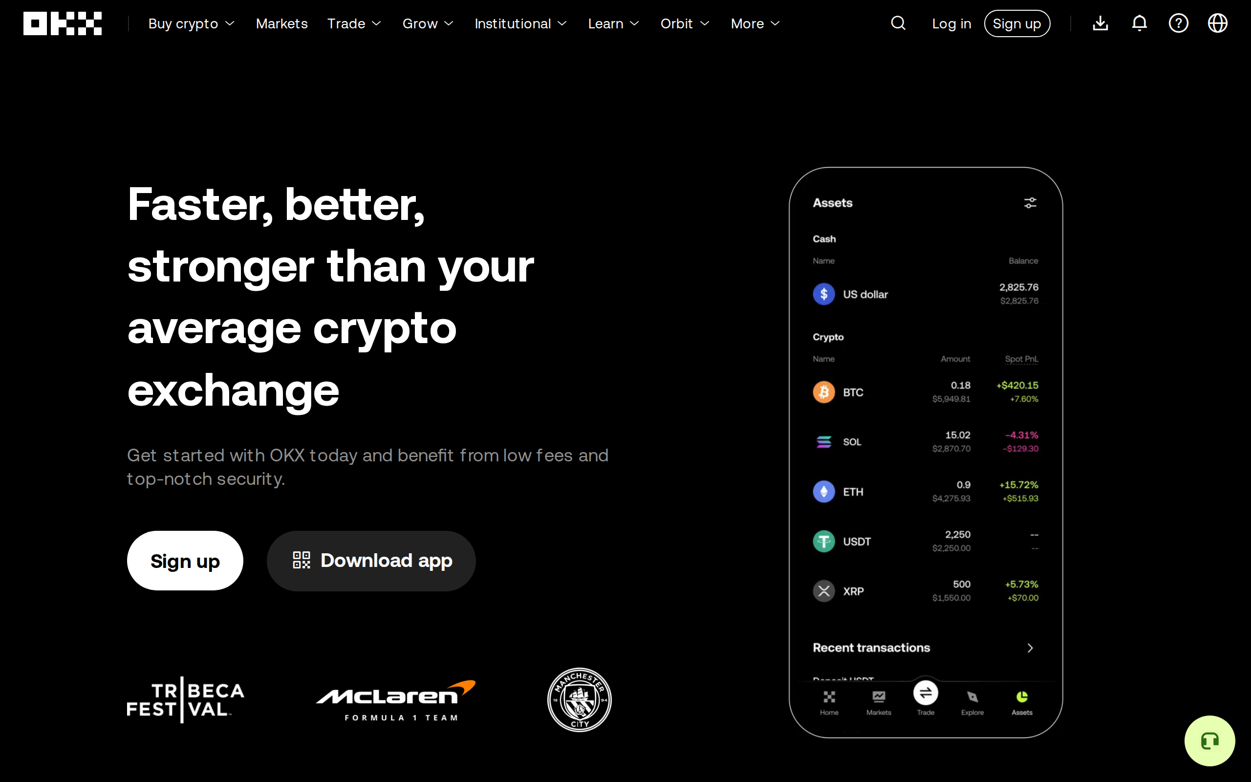 OKX home page with the heading Faster, better, stronger than your average crypto exchange
