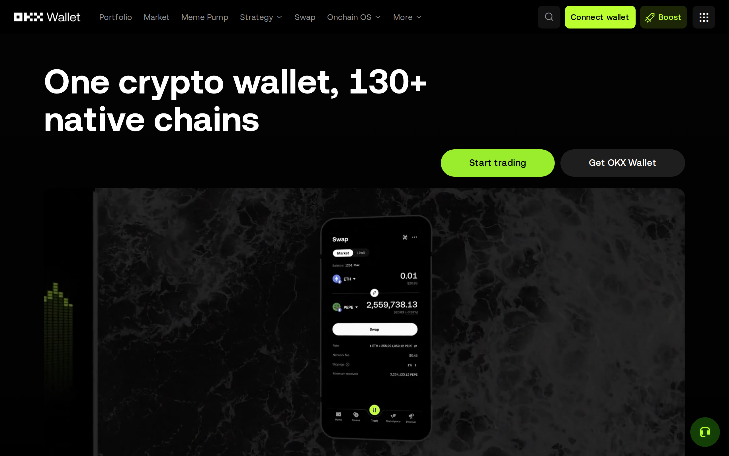 OKX Wallet page headed One crypto wallet, 130+ native chains, with portfolio, market and boost tabs