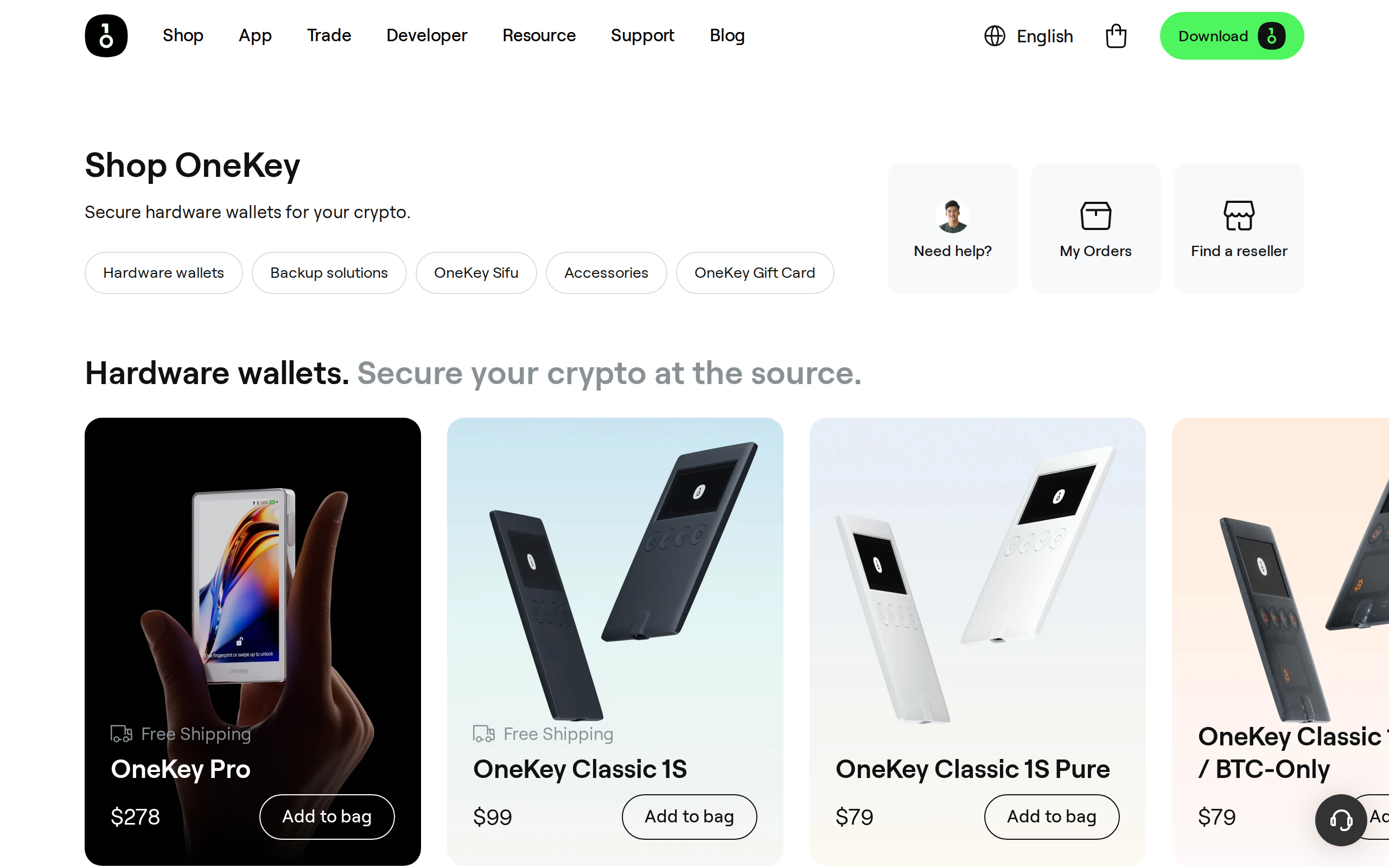OneKey shop page listing OneKey Pro at $278, OneKey Classic 1S at $99 and Classic 1S Pure at $79