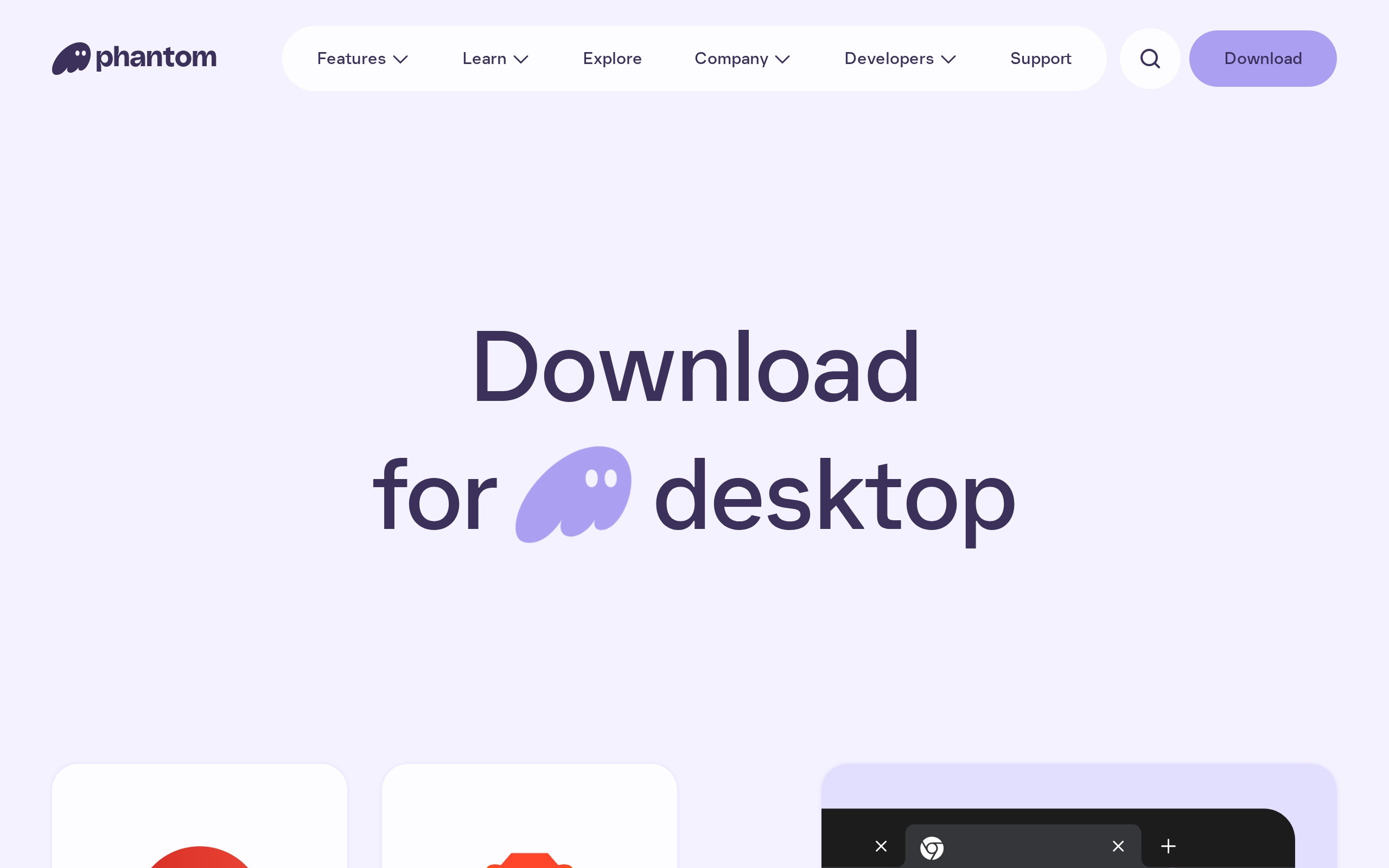Phantom download page with Download for desktop and Download for mobile sections and a Chrome preview