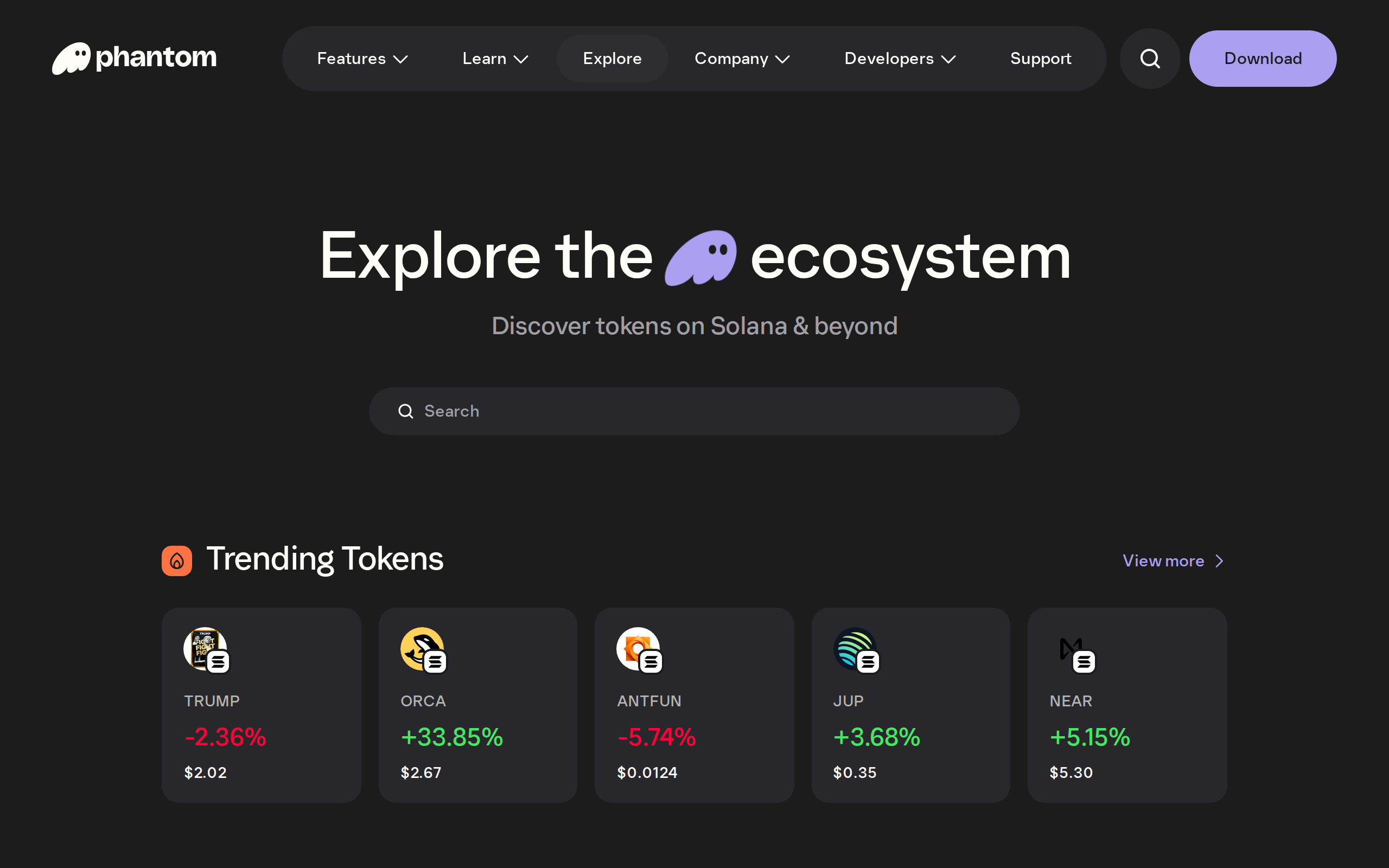 Phantom Explore page with a Trending Tokens list showing prices