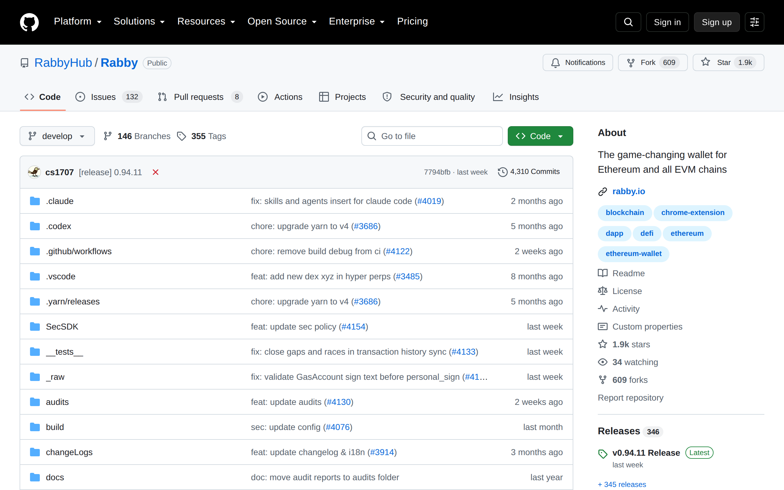 GitHub page for the RabbyHub Rabby repository with the About section and a list of 346 releases