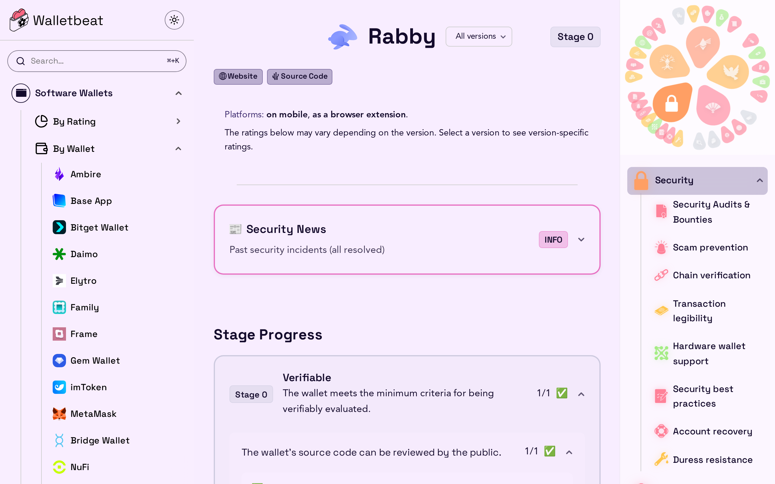 Walletbeat's page for Rabby listing security news, stage progress and a Verifiable rating