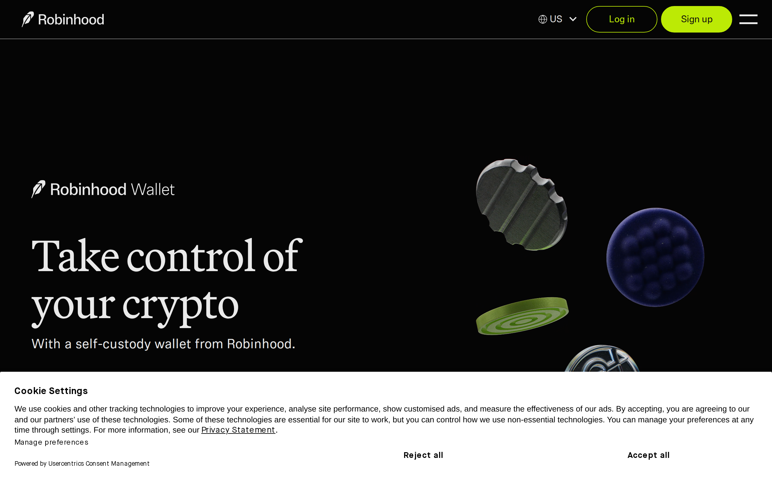 Robinhood wallet page headlined 'Take control of your crypto'