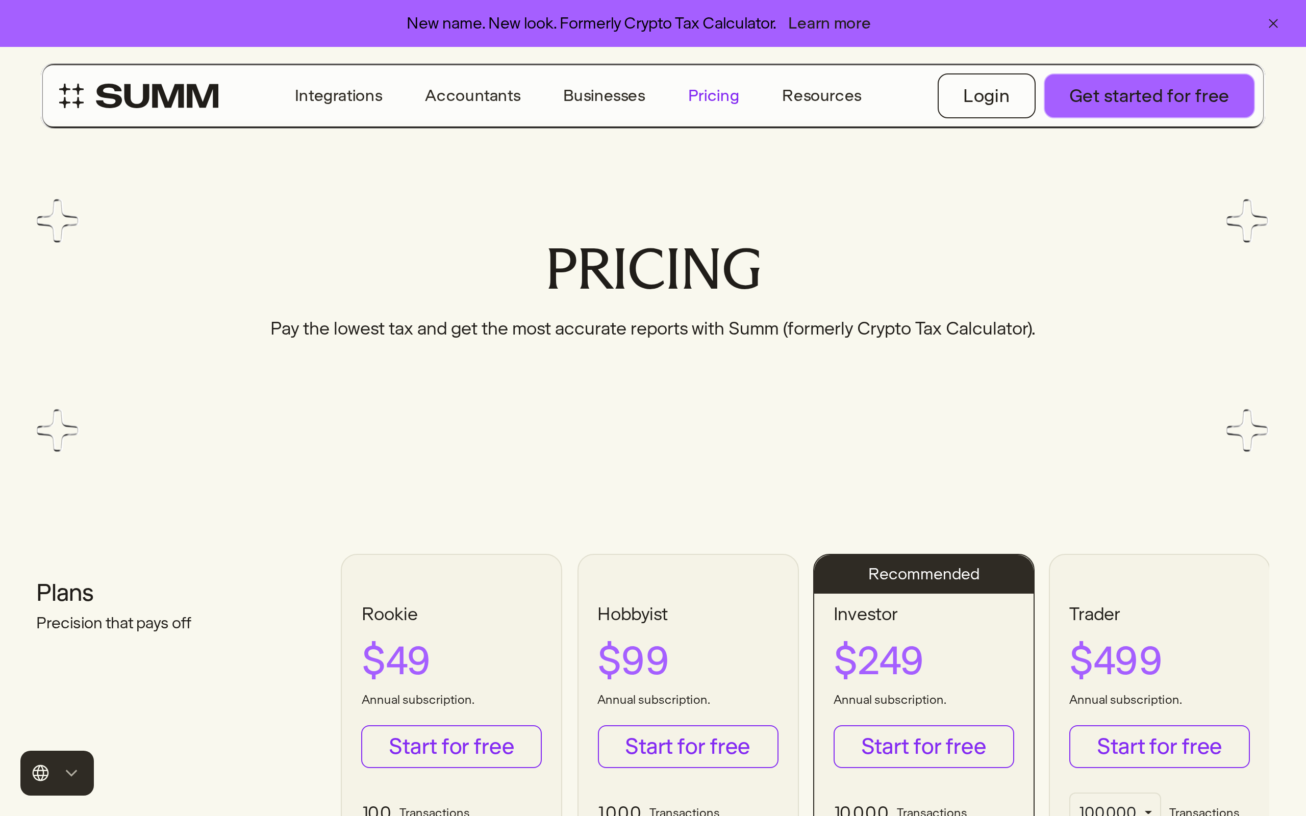Summ's pricing page showing three personal plans at $49, $99 and $249