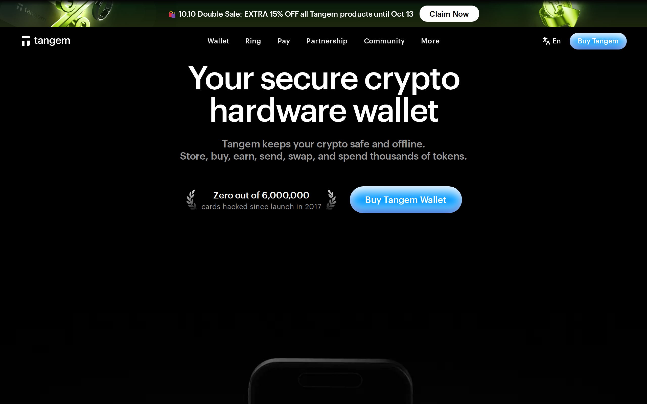 Tangem homepage with the headline 'Your secure crypto hardware wallet' and a card wallet shown against a dark background