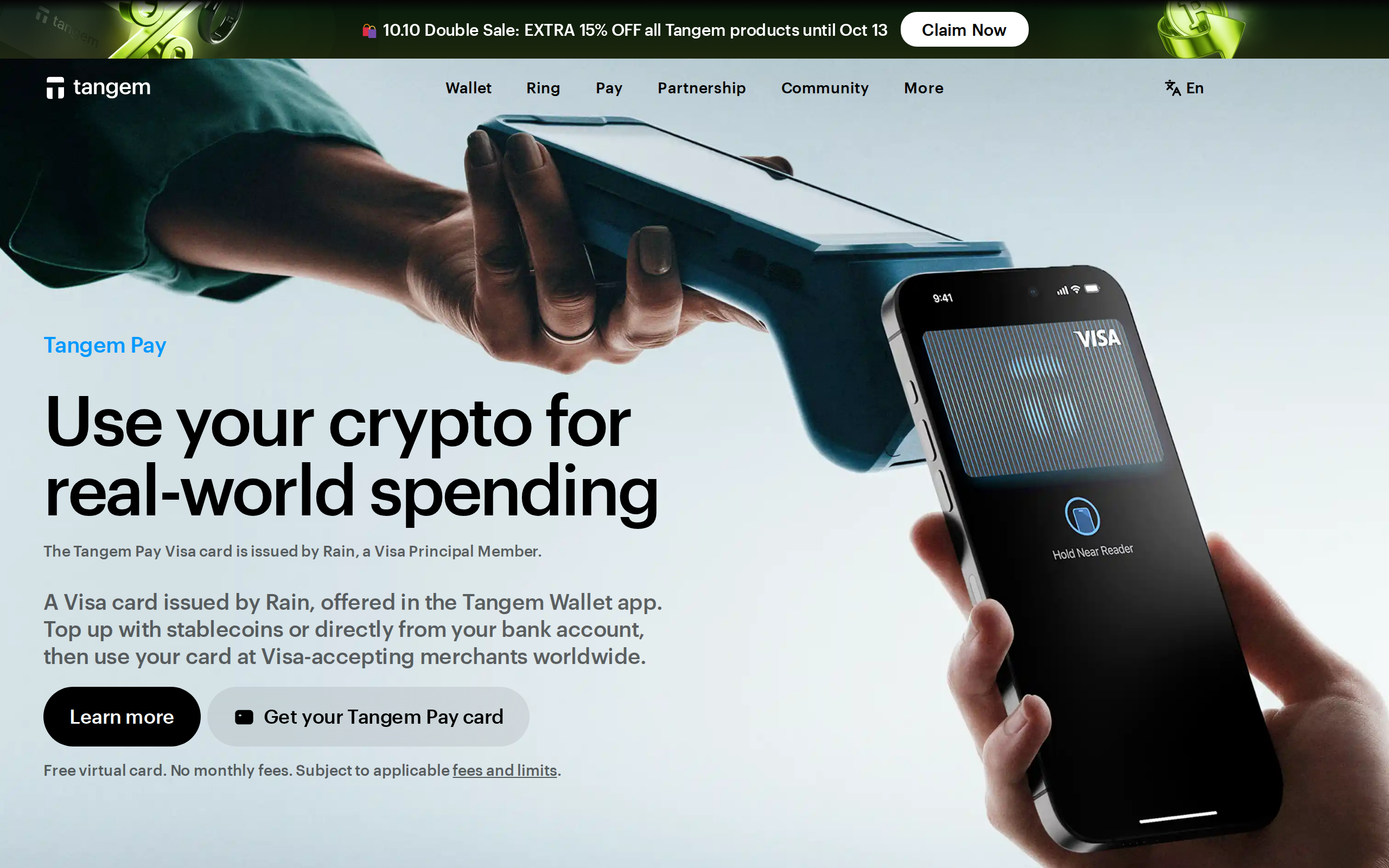 Tangem Pay page headlined 'Use your crypto for real-world spending'