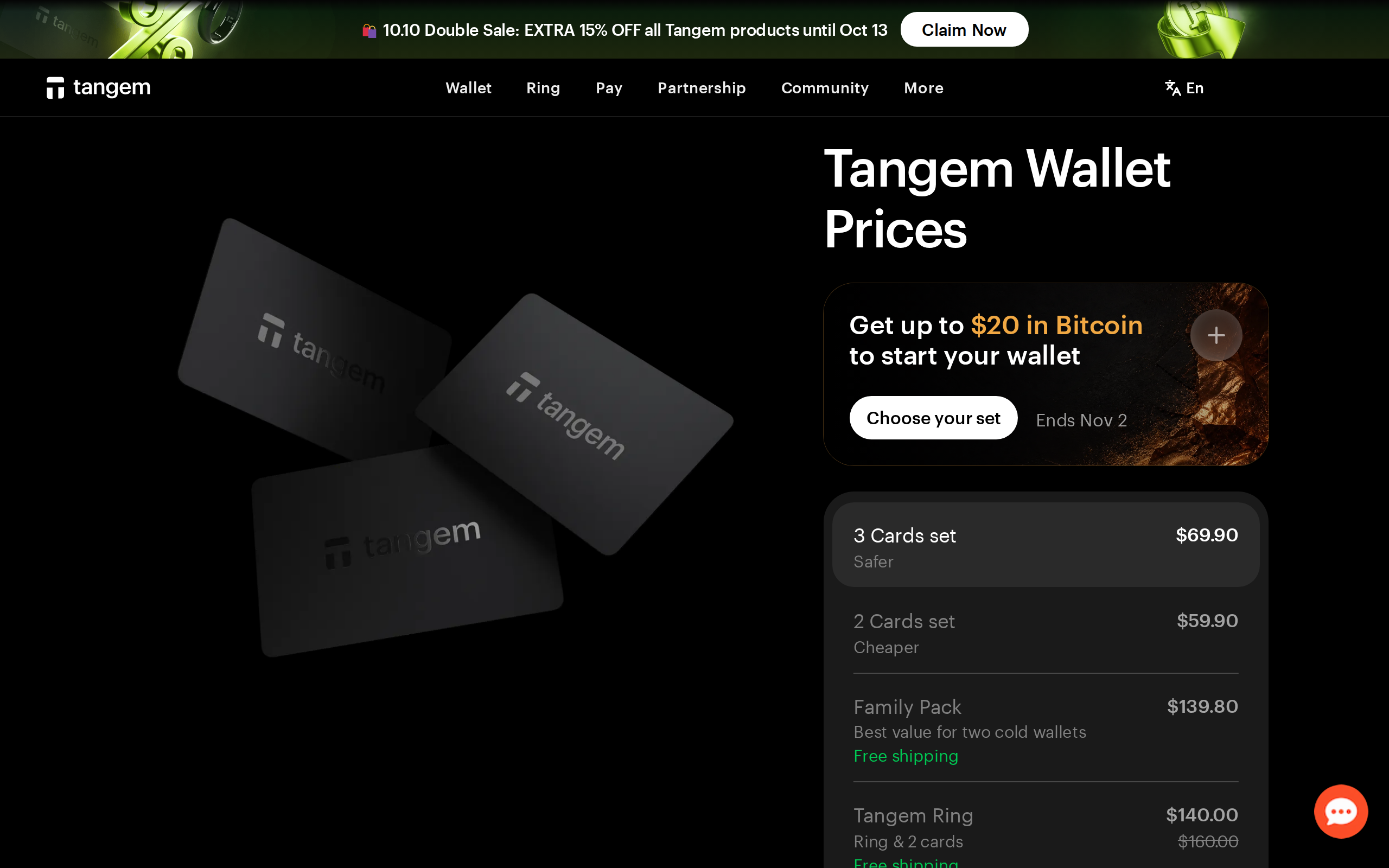 Tangem Wallet prices page showing set options and a free BTC reward