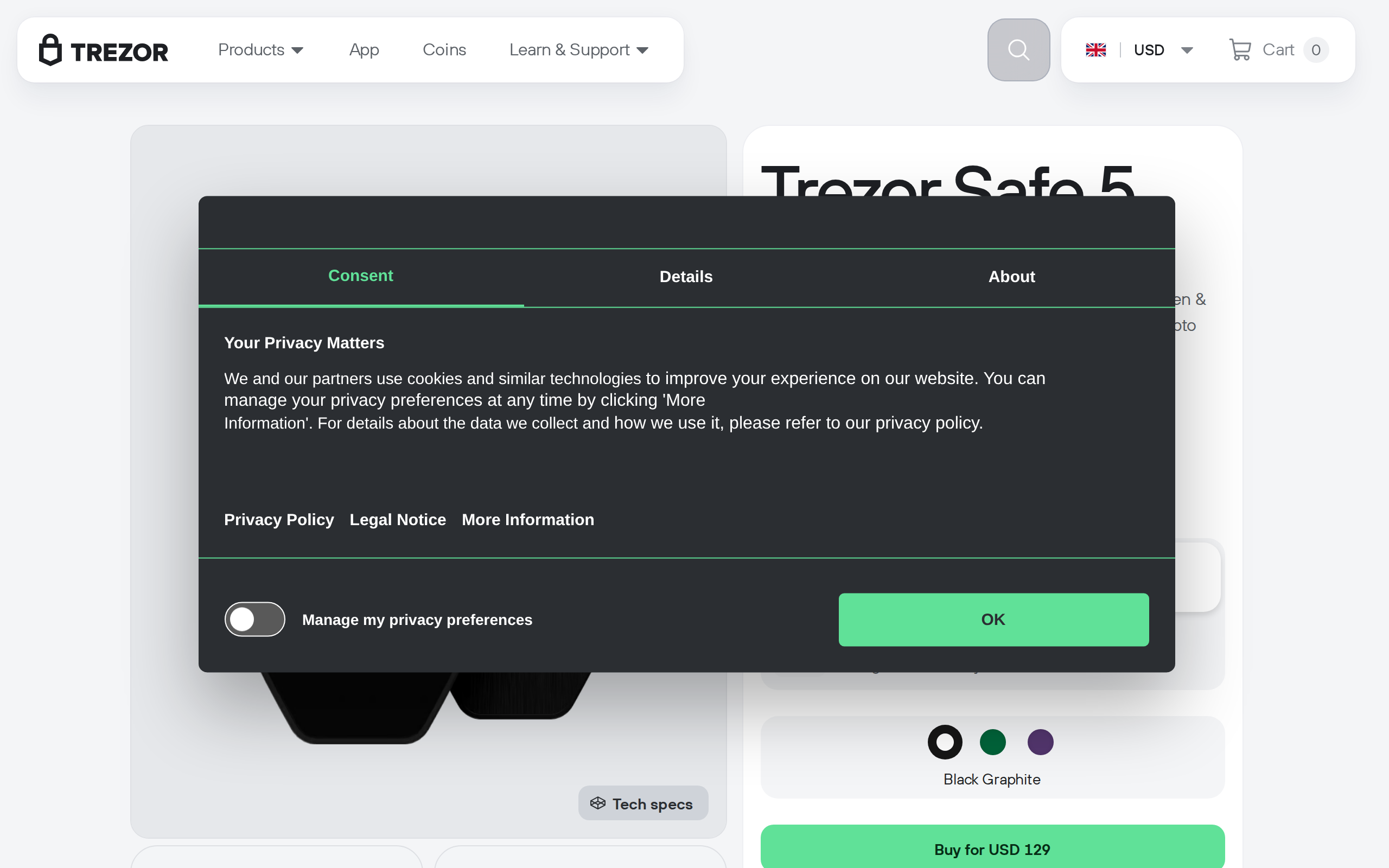 Trezor Safe 5 product page showing the colour touchscreen model in Black Graphite