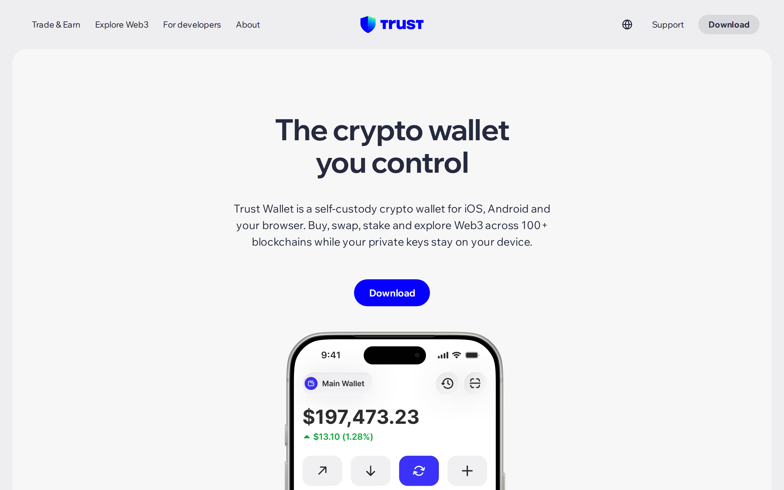 Trust Wallet home page with the heading The crypto wallet you control and the app on an iPhone