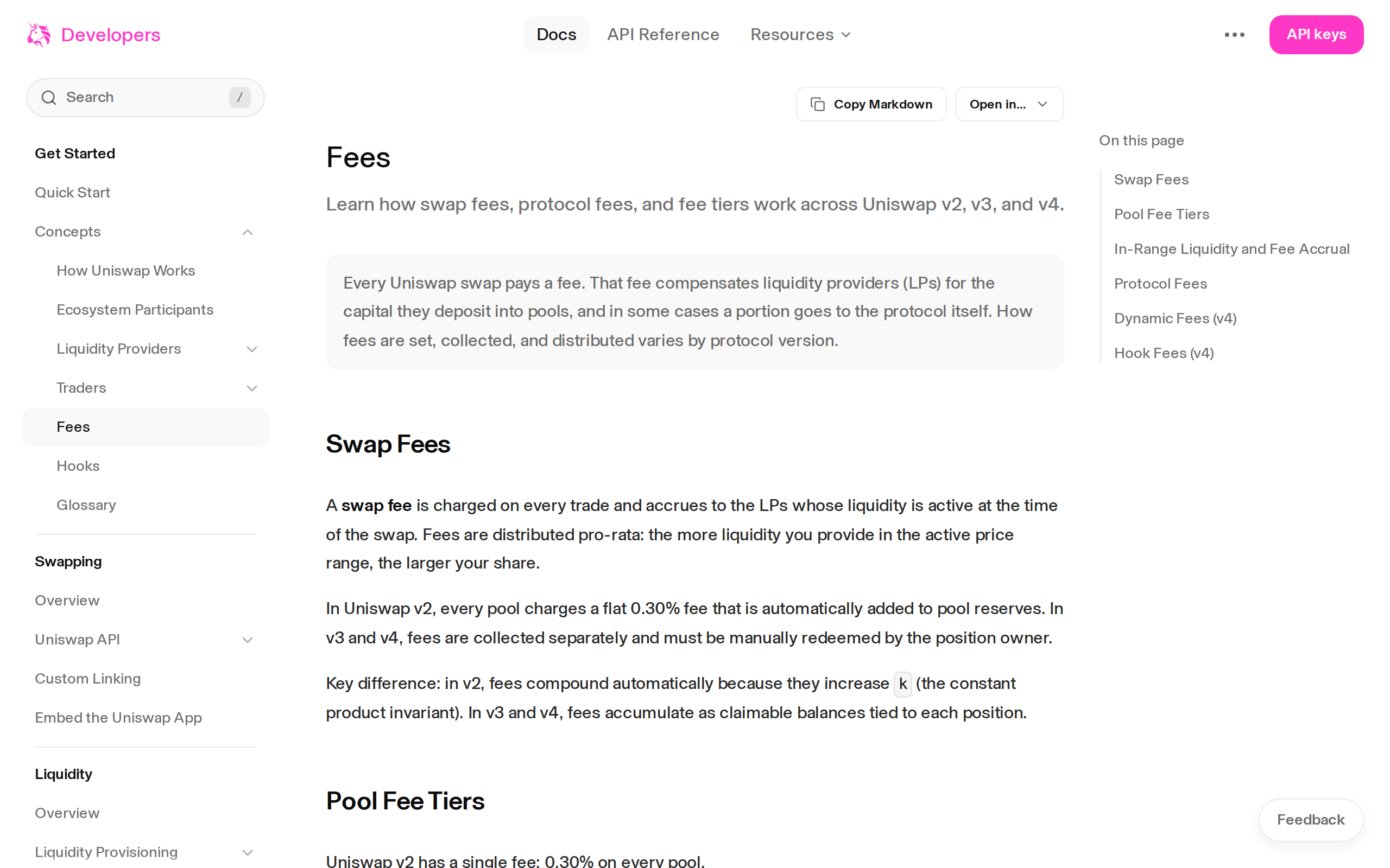 Uniswap developer documentation page headed Fees with sections Swap Fees and Pool Fee Tiers