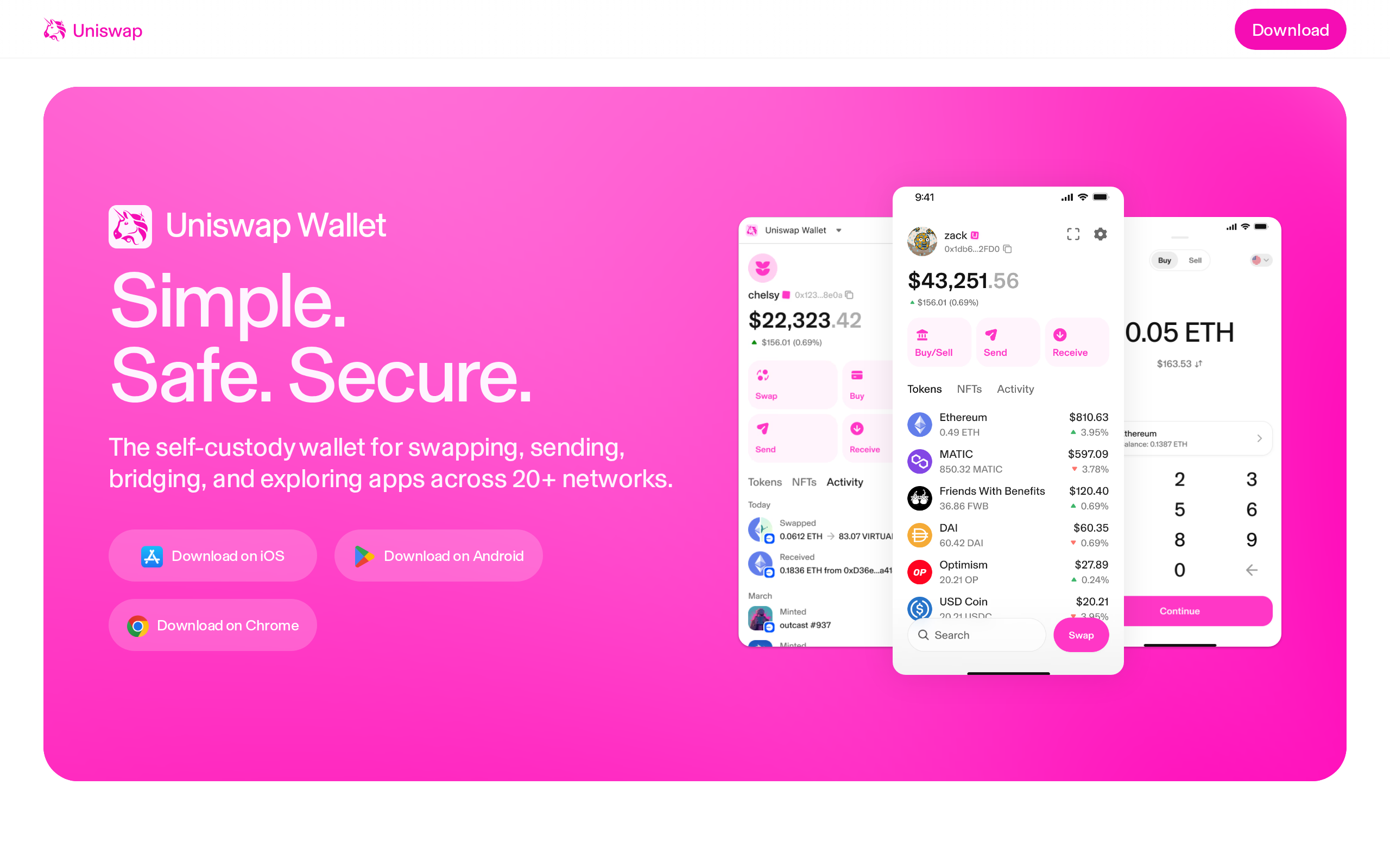 Uniswap Wallet page headed Uniswap Wallet with the line Simple, Safe, Secure and phone screenshots